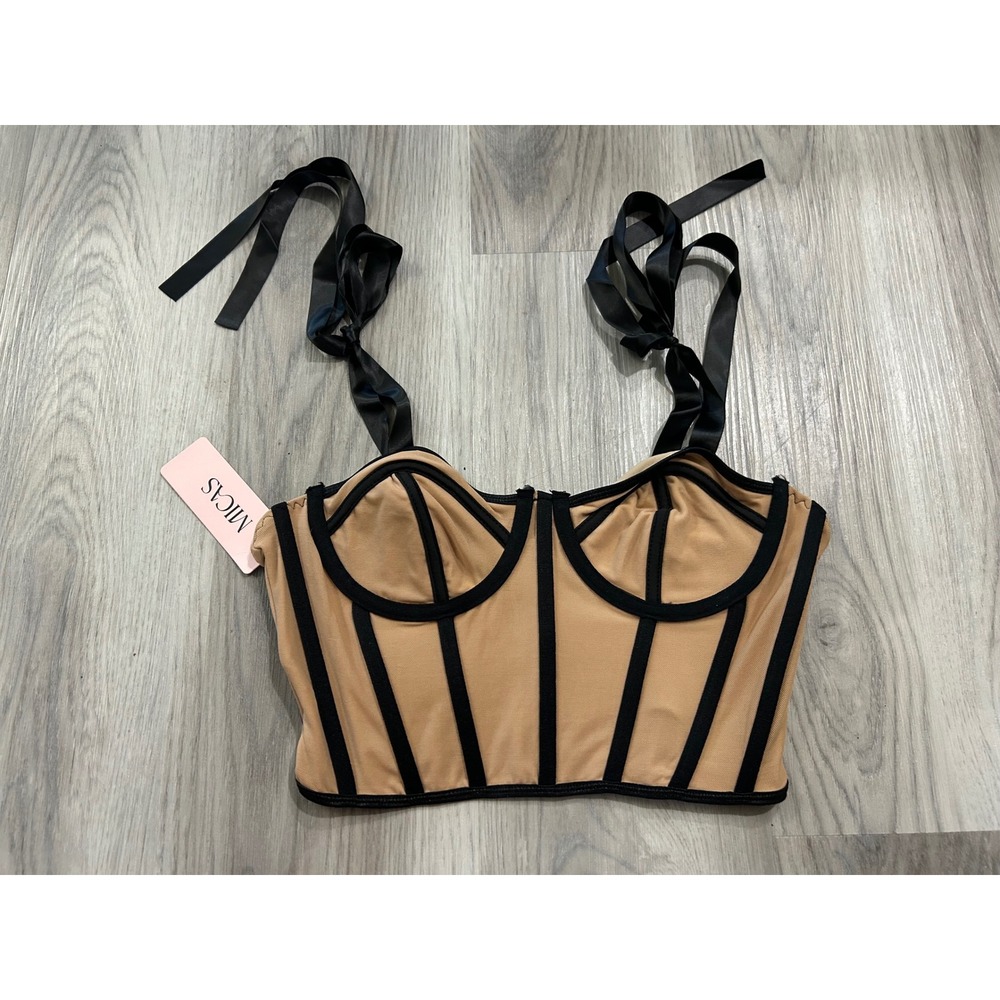 Micas Womens Contrast sexy Boning Mesh Corset Top M Tan Black Ribbon Straps